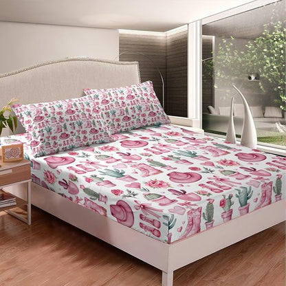 Cowgirl Boots Bedding Set Full Size,American Western Tribal Hats Desert Cactus Fitted Sheet,Dreamy Pink Bowknots Roses Flowers Sheet Set for Kids Teens Adults Bedroom Decor,2 Pillowcases