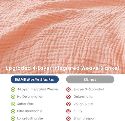 EMME Muslin and Cotton Twin Blankets for Couch Breathable Gauze Blanket All Season Soft and Lightweight Pre-Washed Cotton Blanket (Pink, 60"x80")