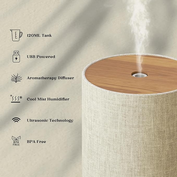 Essential Oil Diffuser with Fabric Cover, Small Portable Aroma Diffuser 120ml, Ultrasonic Aromatherapy Oil Diffuser with 8 Colors LED, Auto Shut-Off Function, Mini Humidifier for Bedroom Home
