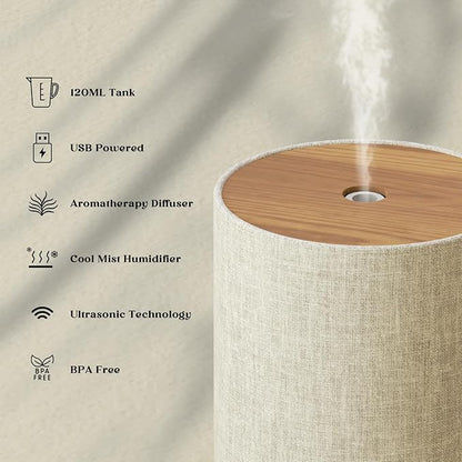 Essential Oil Diffuser with Fabric Cover, Small Portable Aroma Diffuser 120ml, Ultrasonic Aromatherapy Oil Diffuser with 8 Colors LED, Auto Shut-Off Function, Mini Humidifier for Bedroom Home