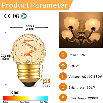 G40 Replacement Bulbs Night Light Bulbs Small Edison Light Bulb Base Sizes Chart Mini Globe Low Watt Light Bulbs 1W(10W Equivalent),AC120V Warm White 2200K 80LM,Outdoor Holiday Decorative Bulb,2 Pack