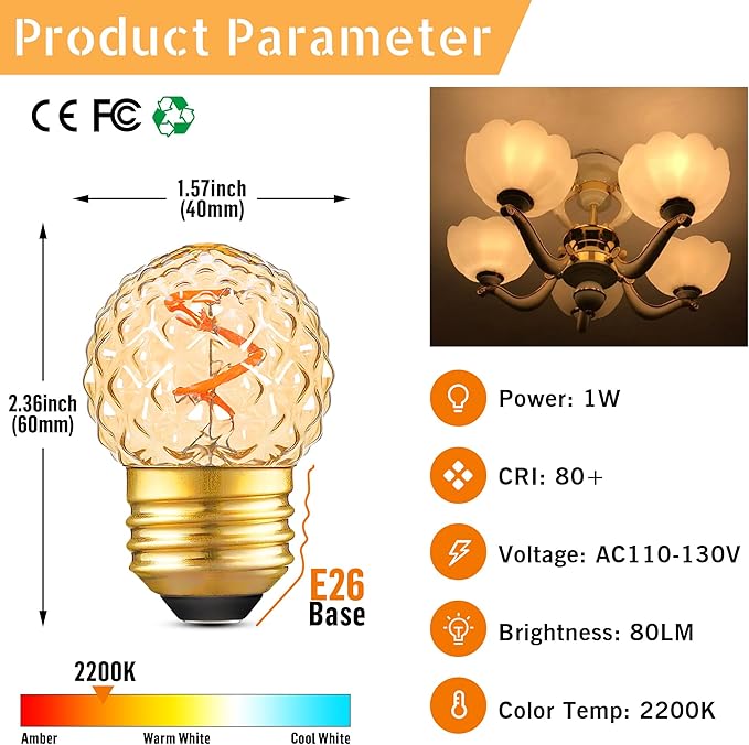 G40 Replacement Bulbs Night Light Bulbs Small Edison Light Bulb Base Sizes Chart Mini Globe Low Watt Light Bulbs 1W(10W Equivalent),AC120V Warm White 2200K 80LM,Outdoor Holiday Decorative Bulb,2 Pack