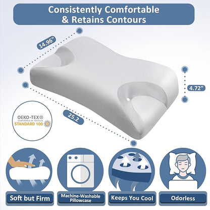 CPAP Pillow for Side Sleeping Relief Neck Shoulder Pain: Neck Support Pillow Reduce Air Leak/Mask Pressure-Memory Foam Pillow with Cooling Pillowcase for Side Back Stomach Sleepers for a Better Sleep