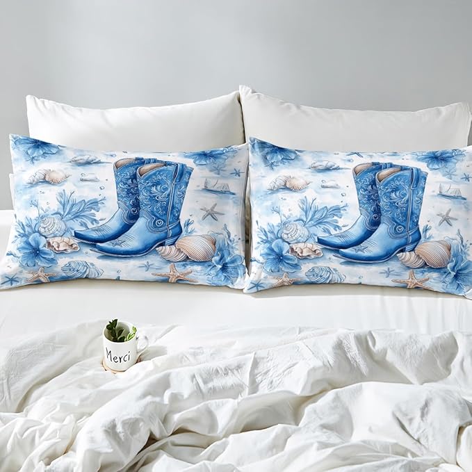 Western Cowboy Bedding Set Full Size,Blue Tribal Boots Watercolor Flowers Tie Dye Paint Fitted Sheet,Ocean Beach Shell Conch Starfish Sheet Set for Kids Teens Bedroom(No Flat Sheet)