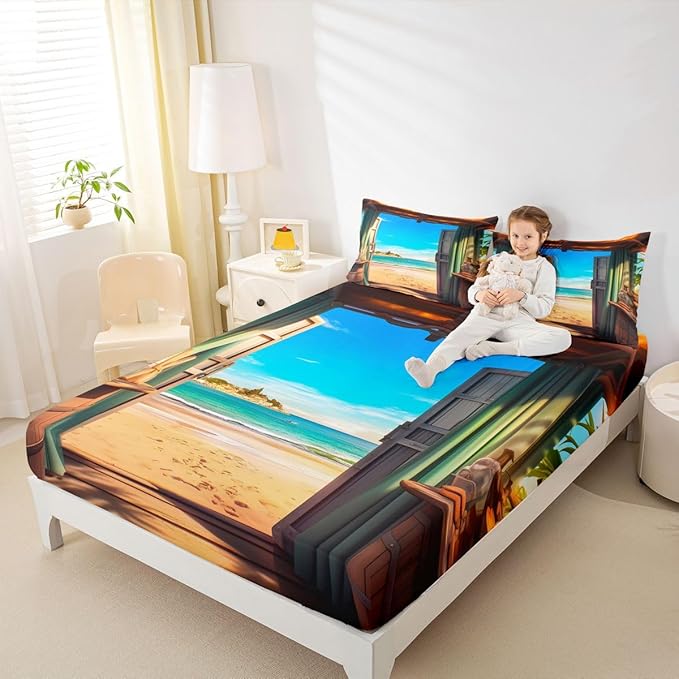 Beach Boys Girls Bed Sheets,Coastal Ocean Hawaii Sea Room Decor,Nautical Wooden Door Seaside Kids Twin Size Fitted Sheet,Blue Brown Bedding Set,1 Pillowcase(No Flat)