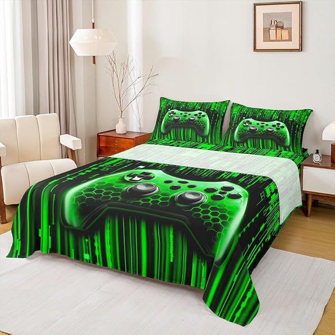 Manfei Gaming Gamepad Kids Sheet Full Size,3D Neon Lights Geometric Bedding Set,Boys Girls Room Decor,Modern Videogames Gamer Controller Green Fashion Bed Sheet Set 4pcs(Fitted + Flat + 2 Pillowcases)
