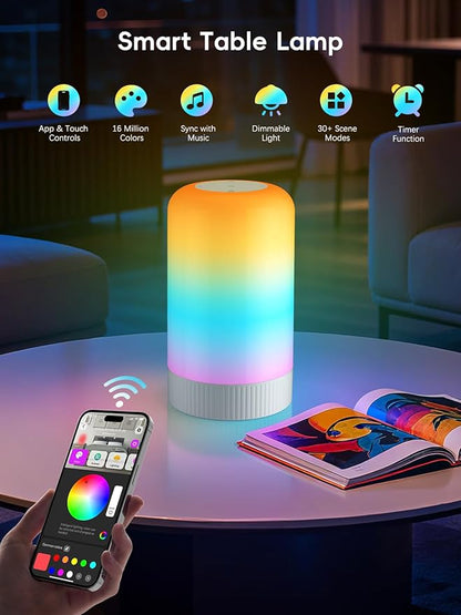 RGBICWW Smart Table Lamp, Touch Bedside Lamp with App Control, LED Desk Lamp with Music Sync, 30+ Scenes & 16M Colors, Color Changing Lamp for Bedroom Living Room Gaming Dimmable Night Light, White