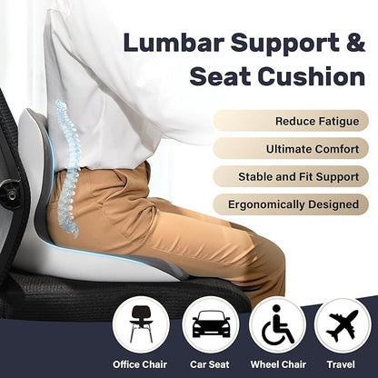 Coverado Upgraded Car Seat Cushion and Lumbar Support Pillow One Piece, Memory Foam Ergonomic Back Support Driving Seat Cushion for Back Pain, Non-Slip Washable Cushion for Car, Driver, Office
