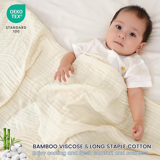 PHF Cooling Muslin Throw Blanket for Hot Sleepers, 60% Rayon Derived from Bamboo, 40% Cotton for Summer, 4-Layer Breathable Gauze Blanket for Bed Couch, 50"x60", Natural/Shortbread