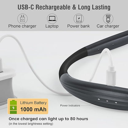 LED Neck Book Light Reading Lamp USB Rechargeable, Lighter Weight,Hands Free, Each 3 Colors with 3 Brightness, 80-hr Lasting Rechargeable Lamp,Perfect for Reading in Bed (Grey).