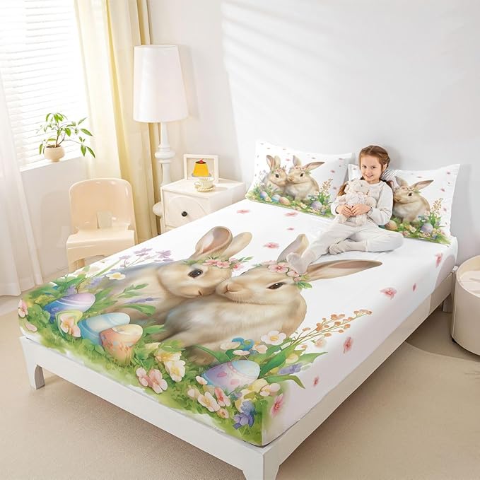 Cute Rabbit Bed Sheet Twin Size Happy Easter Cartoon Animal Bedding Set Spring Flowers Easter Egg Fitted Sheet Kids Boys Girls Room Decor Green Yellow Soft Sheets with 1 Pillowcase,No Top Flat