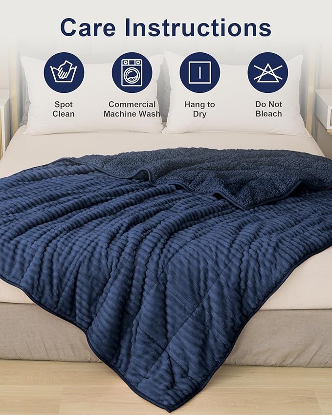 Sherpa Fleece Adult Weighted Blanket 20lbs with Ribbed Stripes, Dual Sided Fuzzy Warm Blanket for Couch Bed Sofa, Heavy Thick Blankets with Ceramic Beads Great for Sleep, Navy Blue, 60" x 80"