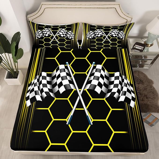 Yellow Honeycomb Geometric Fitted Sheet Queen Size Racing Car Bedding Sheet Set,Checkered Flag Bed Cover Ultra Soft Breathable Bedding 3 Pcs