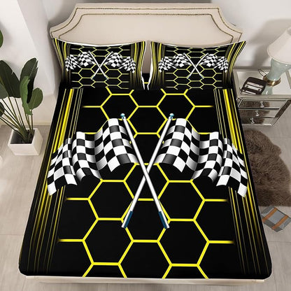 Checkered Flag Bedding Set Twin Size Racing Car Bed Set for Teens Bedroom Decor Kids Sheet Microfiber Yellow Honeycomb Geometric Bed Cover(1 Fitted Sheet+1 Pillow Case)