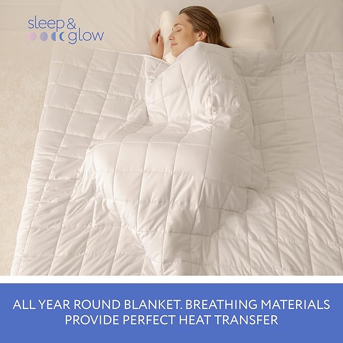 SLEEP & GLOW Cooling Weighted Blanket Premium 400 TC Cotton with Glass Beads & No Glue All Season Breathable Heavy Blanket - 10 LBS Single Size 48” x 72” (White)