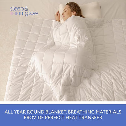 SLEEP & GLOW Cooling Weighted Blanket Premium 400 TC Cotton with Glass Beads & No Glue All Season Breathable Heavy Blanket - 10 LBS Single Size 48” x 72” (White)