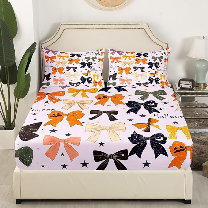 Halloween Bowknots Fitted Sheet Princess Bow-tie Dreamy Girly Bow Bed Sheet Set for Kids Children Teens Halloween Pumpkin Starry Moon Glitter Purple Bed Cover Toddler Bedroom Decor,Twin Size