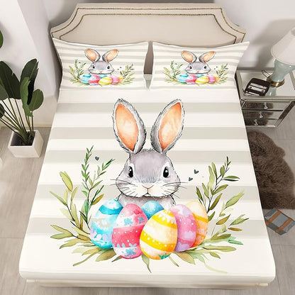 Kawaii Rabbit Bed Sheet Full Size Easter Egg Plant Animal Bedding Set Happy Easter Cartoon Fitted Sheet Kids Boys Girls Room Decor Beige Gray Soft Sheets with 2 Pillowcase,No Top Flat