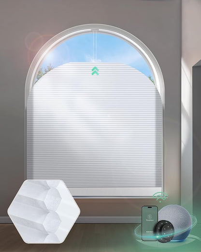 Yoolax Smart Cellular Shades, Motorized Elongated Arch Honeycomb Blind Motorized Blinds with Remote Compatible with Alexa, Customized Elongated Arch Cellular Shades (Half Shading White)