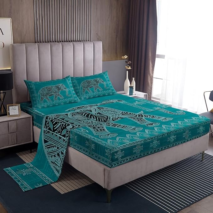 Manfei Elephant Kids Sheet King Size,Indian Exotic Trippy Boho Bedding Set,Boys Girls Room Decor,Native American Indian Style Green Psychedelic Bed Sheet Set 4pcs(Fitted + Flat + 2 Pillowcases)