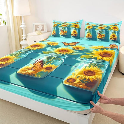 Yellow Sunflower Kids Twin Size Fitted Sheet,Farmhouse Floral Flower Boys Girls Bed Sheets,Butterfly Rustic Wooden Room Decor,Teal Yellow Bedding Set,1 Pillowcase(No Flat)