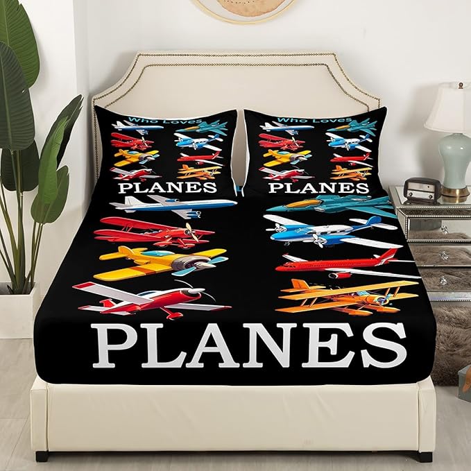 Cartoon Airplanes Kids Fitted Sheet Twin Size,Aviation Aircraft Warplane Helicopter Bedding Set,Boys Girls Room Decor,Flying Plane Air Vehicles Bed Cover,Black Bed Sheet,1 Pillowcase(No Top Sheet)