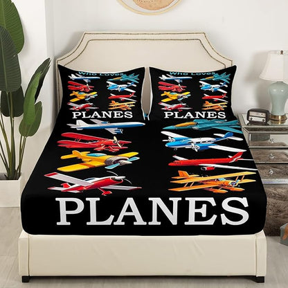 Cartoon Airplanes Kids Fitted Sheet Full Size,Aviation Aircraft Warplane Helicopter Bedding Set,Boys Girls Room Decor,Flying Plane Air Vehicles Bed Cover,Black Bed Sheet,2 Pillowcases(No Top Sheet)