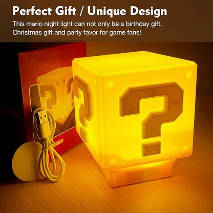 TLAOTNIY Super Bros Mini Question Block Night Lights - USB Powered Bedside Lamp with Game Sound Effects - Gift for Friends & Fans