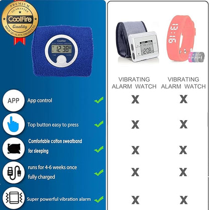 Coolfire Vibrating Alarm Clock Wristband, Silent Wake-Up Watch for Heavy Sleepers, Won’t Disturb Partner, Couples/Roommates, Deaf/Hearing Impaired, 4 Alarms, Bluetooth App, Rechargeable (Blue)