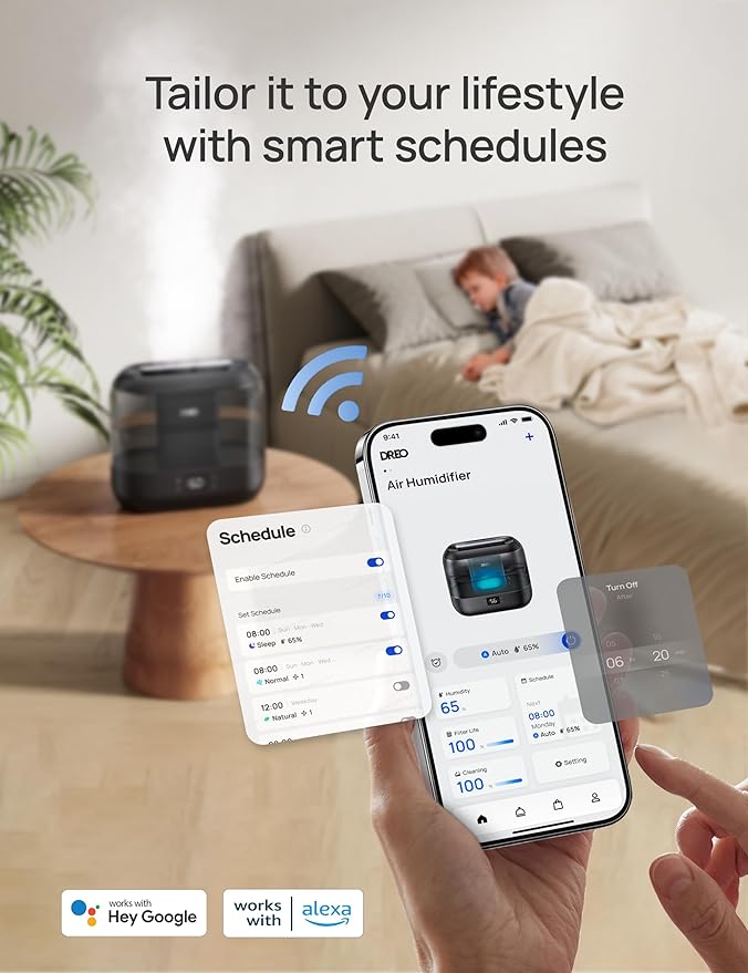 Dreo Smart Humidifiers for Bedroom, Top Fill 4L Supersized Humidifier Large Room with 28 dB, 36H Runtime, Touch/APP/Voice Control, Nightlight, Cool Mist Humidifiers for Baby, Plants, Indoor, Black