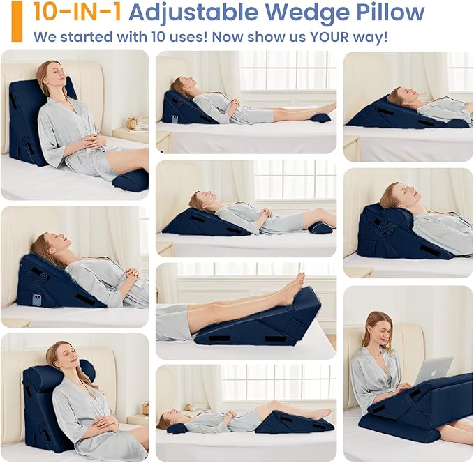 Sasttie Wedge Pillow Set for After Surgery, 3PCS Adjustable Bed Wedge Pillow Headboard with Memory Foam Neck Cushion – for Acid Reflux, Sleeping, Neck & Back Support, Navy