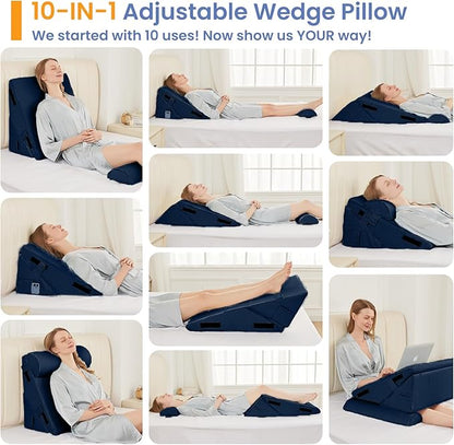 Sasttie Wedge Pillow Set for After Surgery, 3PCS Adjustable Bed Wedge Pillow Headboard with Memory Foam Neck Cushion – for Acid Reflux, Sleeping, Neck & Back Support, Navy