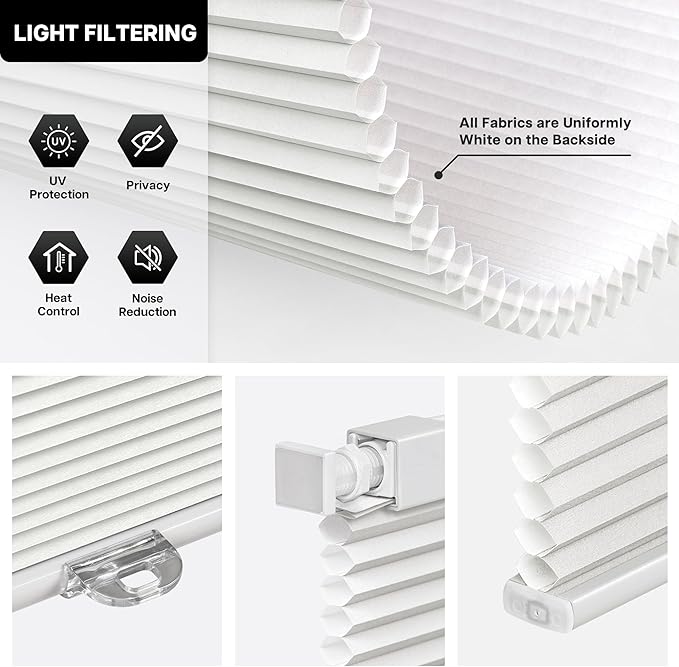 LazBlinds Cordless Cellular Shades, No Tools No Drill Light Filtering Honeycomb Shades Pleated Blinds for Windows, 42.5'' W x 48'' H, Light Grey