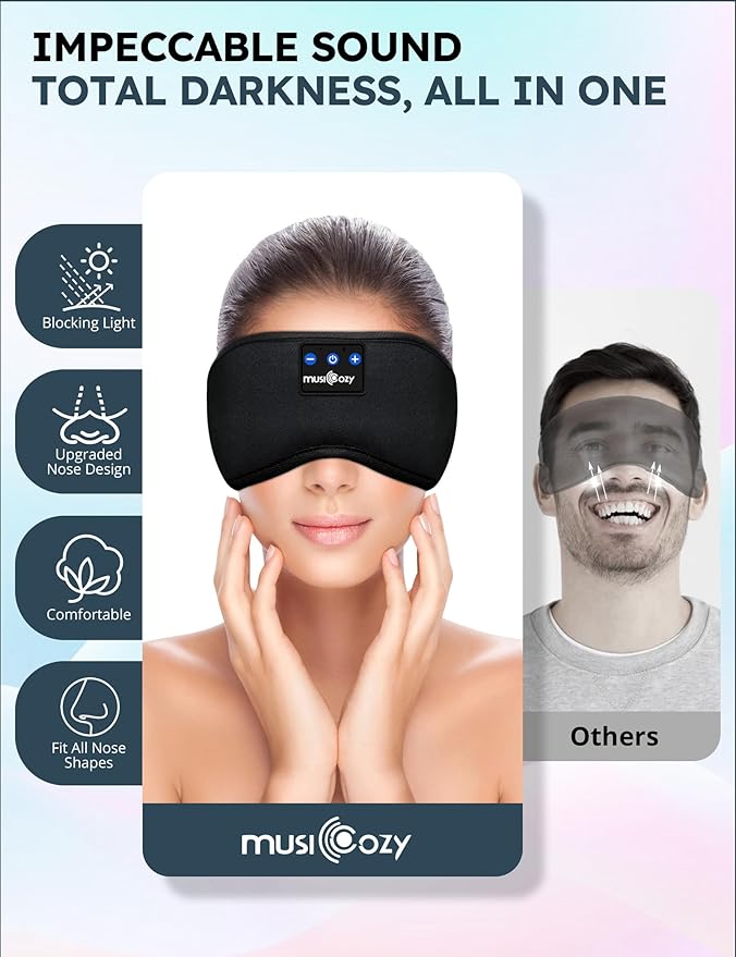 MUSICOZY Sleep Headphones, Bluetooth 5.4 Sleep Mask Headband Headphones Sleeping Eye Mask, Wireless Music Earbuds Earphones with HD Stereo Speakers for Side Sleepers, Cool Gadgets Unique Gift
