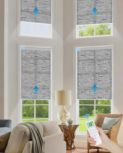 Motorized Light Filtering Roller Shades with Remote Control, Smart Blinds for Windows Work with Alexa Google via Hub, Rechargeable Electric Window Shade Customized Size (Texture Black Grey)