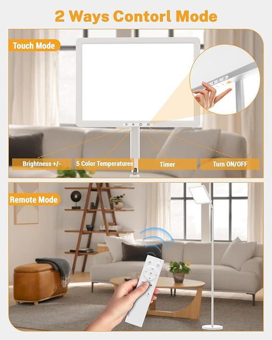 Light Therapy Lamp 12000 Lux UV-Free Full Spectum Floor Therapy Lamps, 4 in 1 LED Sun Lamp, 10 Brightess Levels, 5 Color Modes, Remote&Touch Control, Adjustable Timer/Height/Angle, White