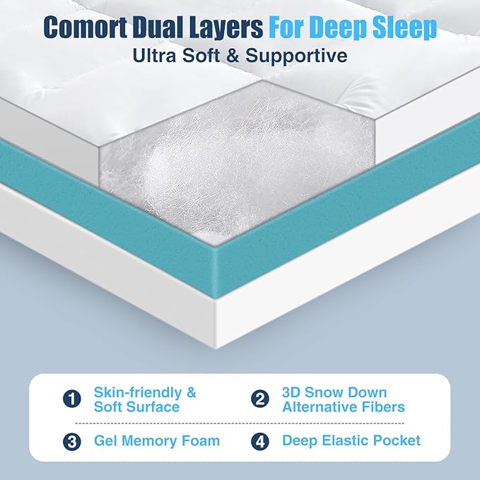 4 lnch Dual Layer Mattress Topper Queen Size, 2 Inch Cooling Gel Memory Foam and 2 Inch Soft Pillow Top Mattress Pad Cover for Back Pain, with Elastic Deep Pocket