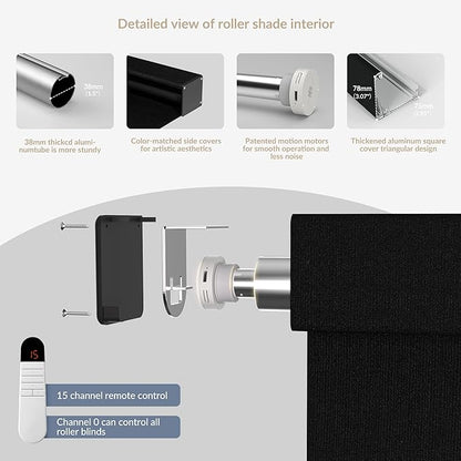 Boolegon Motorized Roller Blinds with Remote Control, Blackout Linen Fabric-Matched Automatic Roller Shades for Windows, Rechargeable Electric Window Shades for Home, Office, Black, Custom Now