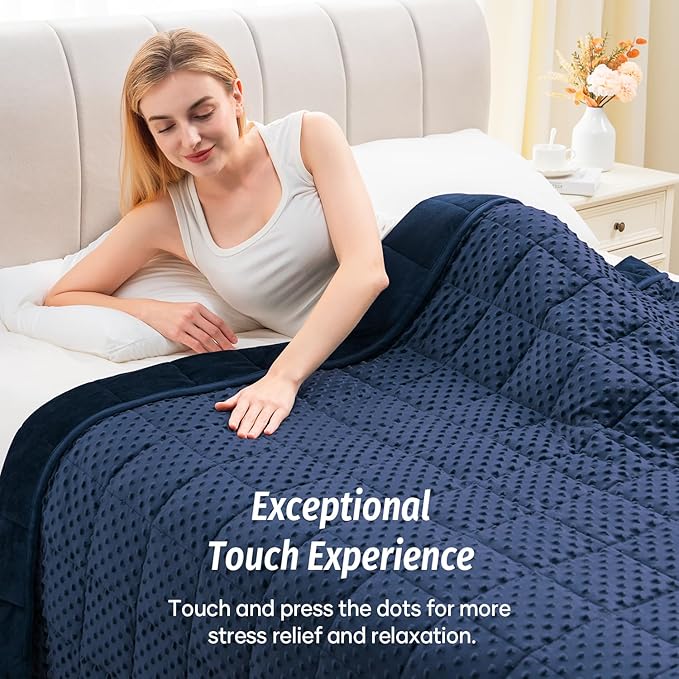 Wemore Minky Dot Weighted Blanket for Adults Twin Size 12 lb, Soft Heavy Blanket for Stress Relief and Sleep Promotion, Breathable Blanket for All-Season with Glass Beads, Navy Blue 60 x 80 inches