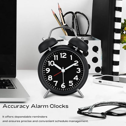 AKCISOT Loud Alarm Clock for Heavy Deep Sleepers, 4.5 Inches Analog Metal Twin Bell Clocks Battery Operated with Backlight for Bedroom Bseide, Old Fashioned for Desk Home Decoration (Black)