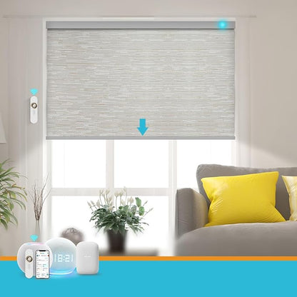 Motorized Blinds with Remote, Smart Blind Roller Shades Compatible with Alexa, Durable Rechargeable Battery Solar Power Electric Window Blinds Customized Size (Jacquard Beige)