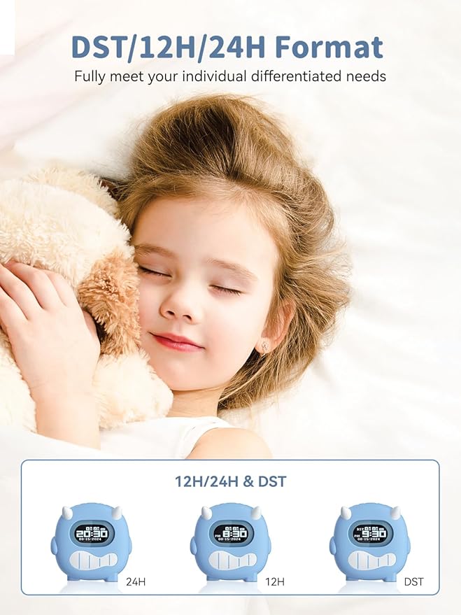 Kids Digital Alarm Clock-Cordless 3000mAh Rechargeable Vibrating Digital Clock for Heavy Sleepers Mini Toddler Clock for Travel Bedroom Silicone Case Date/Month/Year 3 Alarm/Vibration Setting Mode