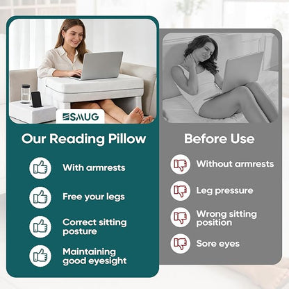 DUMOS Reading Pillow for Gaming with Ergonomic Arm Rests, Memory Foam Lap Desk for Laptop, Support Pillow with Side Pockets for Reading, Writing, Working, Gaming on Bed, Couch or Floor