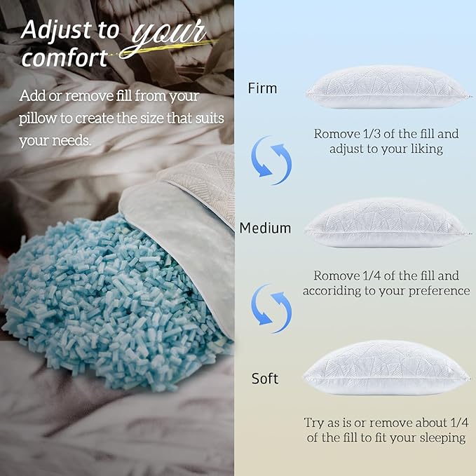 BETU Shredded Memory Foam Cooling Pillows Standard Size Set of 2, Pillows for Hot Sleepers, Adjustable Firm Soft Support Bed Pillows Perfect for Back Neck Pain and Side Sleeping, White