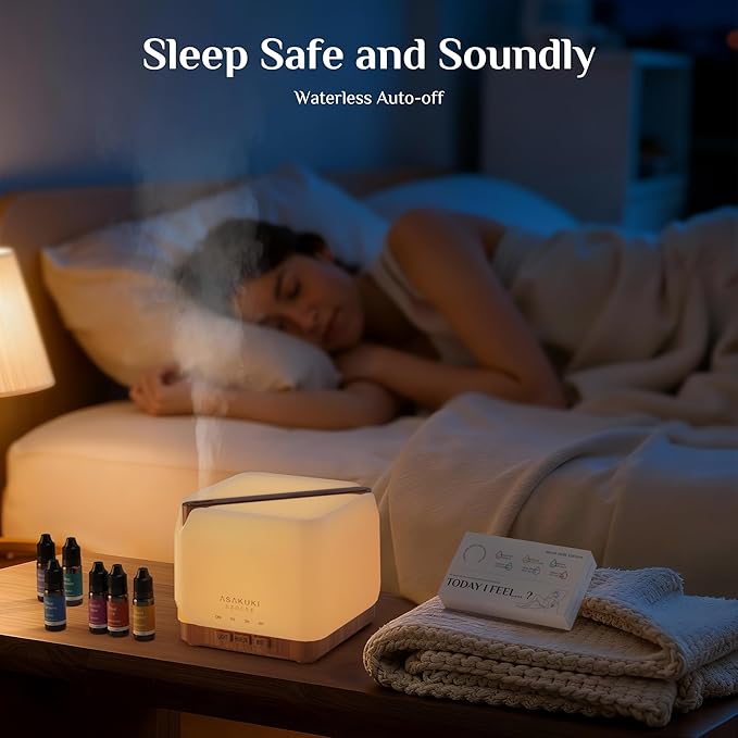 ASAKUKI Essential Oil Diffuser 700ml, Ultrasonic Aromatherapy Humidifier with Top 6 Essential Oils Set, 7 LED Colors, Timer & Auto-Off, Large Room Diffuser, Valentine's Day Gift