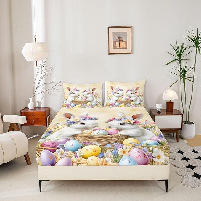 Spring Easter Bed Sheet Queen Size Easter Egg Cute Rabbit Bedding Set Floral Spring Flowers Fitted Sheet Kids Boys Girls Room Decor Yellow Colorful Soft Sheets with 2 Pillowcase,No Top Flat