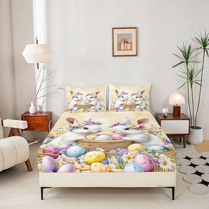 Spring Easter Bed Sheet Full Size Easter Egg Cute Rabbit Bedding Set Floral Spring Flowers Fitted Sheet Kids Boys Girls Room Decor Yellow Colorful Soft Sheets with 2 Pillowcase,No Top Flat