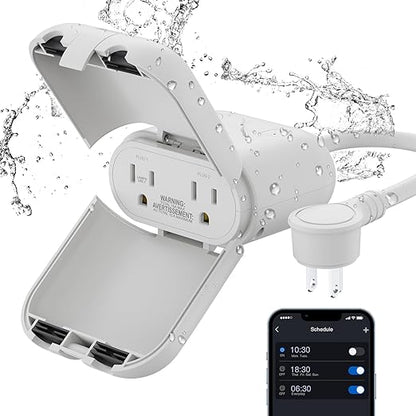 ELEGRP Outdoor Smart Dimmer Plug Waterproof IP66, Smart WiFi Plug with 2 Individually Sockets, Compatible with Alexa & Google Assistant, Outdoor Dimmer for String Lights, UL Listed, 1 Pack, Grey
