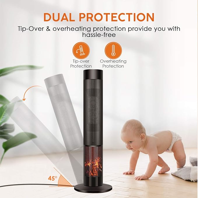 Electric Space Heater for Large Room - 36" Ceramic Tower Space Heater for Room Heating w/Thermostat, Fast Heating, 3D Realistic Flame, Oscillating, Remote Control, Ideal for Home/Livingroom
