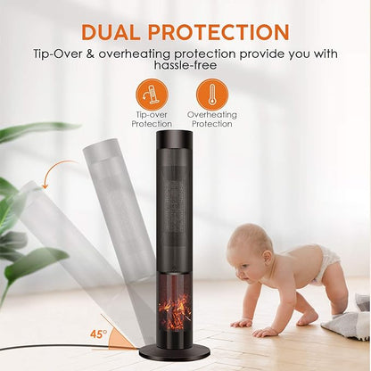 Electric Space Heater for Large Room - 36" Ceramic Tower Space Heater for Room Heating w/Thermostat, Fast Heating, 3D Realistic Flame, Oscillating, Remote Control, Ideal for Home/Livingroom